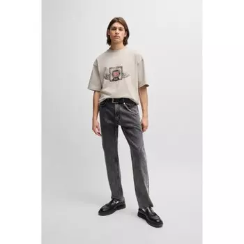 Футболка из хлопкового джерси с сезонными рисунками и вышивкой Hugo, цвет Light Grey
