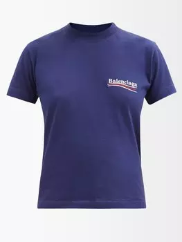 Футболка из хлопкового джерси с вышитым логотипом Balenciaga, синий