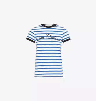 Футболка из хлопкового джерси с вышивкой в полоску Valentino Garavani, цвет avorio blu