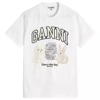 Футболка из хлопкового джерси с животными в стиле casual Ganni, белый