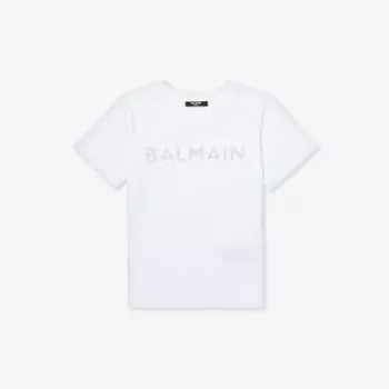 Футболка из хлопкового джерси, украшенная стразами и логотипом, 6–13 лет Balmain, белый