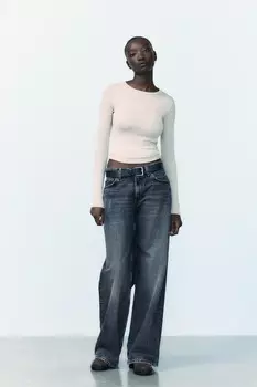 Футболка из хлопкового модала с длинным рукавом ZARA, экрю