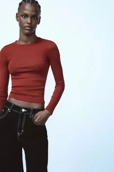 Футболка из хлопкового модала с длинным рукавом ZARA, бордовый