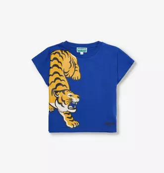 Футболка из хлопкового трикотажа с круглым вырезом и принтом тигра для детей 4–14 лет Kenzo, синий