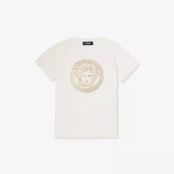 Футболка из хлопкового трикотажа с принтом «Медуза» и короткими рукавами 8-14 лет Versace, белый