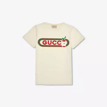 Футболка из хлопкового трикотажа с принтом «Яблоко» 4–12 лет Gucci, зеленый