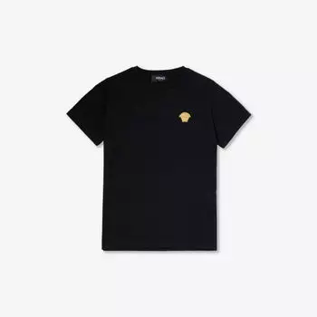 Футболка из хлопкового трикотажа с вышивкой Медуза с короткими рукавами 8-14 лет Versace, черный
