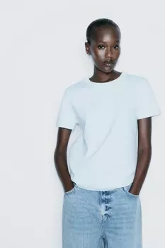 Футболка из интерлока с коротким рукавом ZARA, светло-голубой