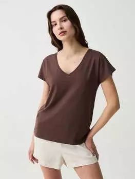 Футболка из льна и хлопка с v-образным вырезом Ovs, цвет brown