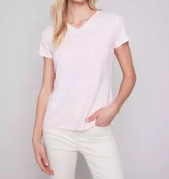 Футболка из льна с коротким рукавом и V-образным вырезом светло-розового цвета CHARLIE B