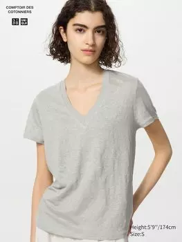 Футболка из льна с v-образным вырезом Uniqlo, зеленый