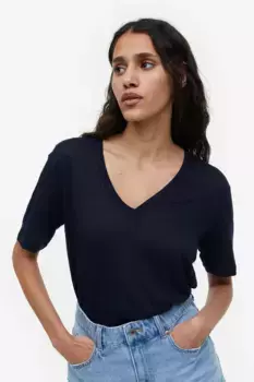 Футболка из льняного трикотажа с треугольным вырезом H&M, синий