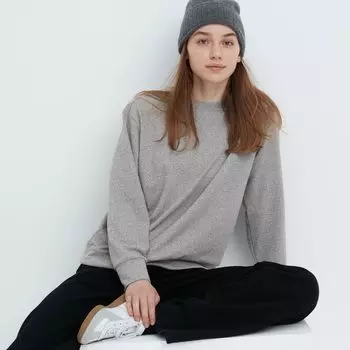 Футболка из мягкого флиса Uniqlo с круглым вырезом, серый