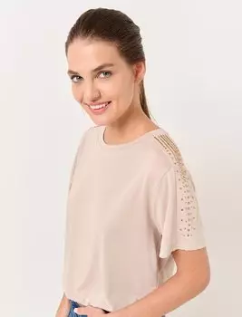 Футболка из норки с круглым вырезом и короткими рукавами, украшенная камнями Jimmy Key