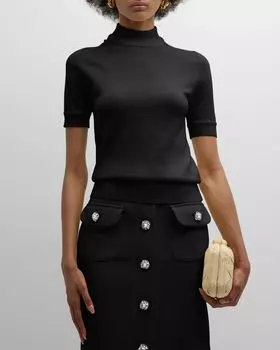 Футболка из очень тонкого кашемира с воротником-стойкой и короткими рукавами Adam Lippes, цвет Black