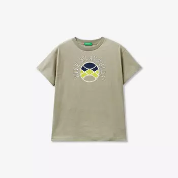 Футболка из органического хлопка с короткими рукавами и текстовым принтом, 6–14 лет Benetton, зеленый