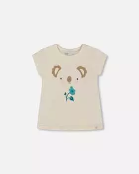Футболка из органического хлопка с кремом и коалой Deux par Deux, цвет cream and koala