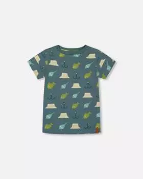 Футболка из органического хлопка с принтом цвета морской волны и персика Deux par Deux, бирюзовый/персиковый