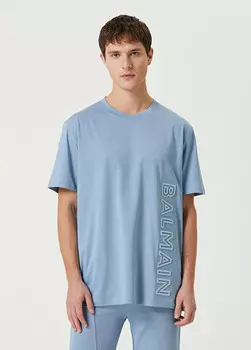 Футболка из органического хлопка с принтом логотипа Balmain, голубой