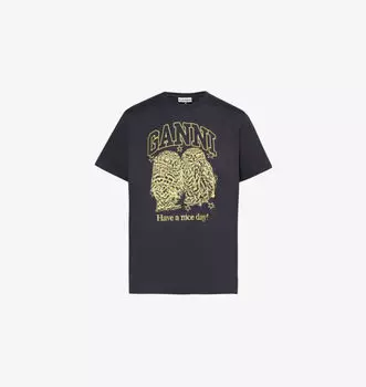 Футболка из органического хлопкового джерси с графической вышивкой «Совушки» Ganni, цвет phantom