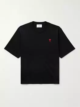 Футболка из органического хлопкового джерси с вышитым логотипом AMI PARIS, черный