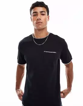 Футболка из плотного хлопка плотностью 200 г/м с белой окантовкой черного цвета Threadbare