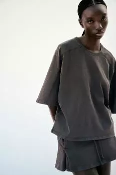 Футболка из плотного хлопка с эффектом стирки ZARA, коричневый