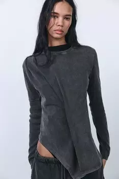 Футболка из плотного хлопка с плиссами ZARA, антрацитово-серый
