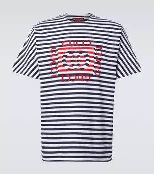 Футболка из полосатого хлопкового джерси с логотипом Gucci, Blue/White