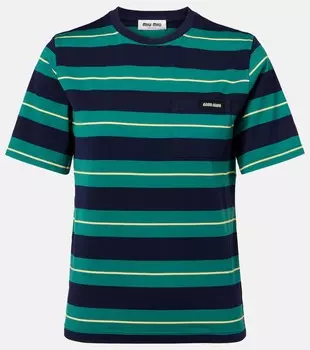 Футболка из полосатого хлопкового джерси с логотипом Miu Miu, Biliardo+Blu