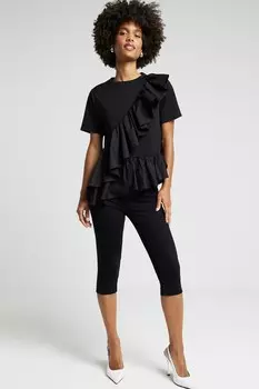 Футболка из поплина с оборками River Island, черный