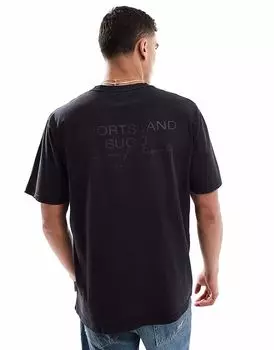 Футболка из потертого хлопка плотностью 220 г/м с круглым вырезом и принтом на спине черного цвета Threadbare