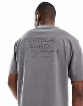 Футболка из потертого хлопка плотностью 220 г/м с круглым вырезом и принтом на спине темно-серого цвета Threadbare