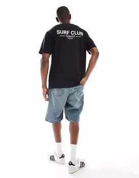 Футболка из потертого хлопка с круглым вырезом и принтом на спине в стиле серфинга черного цвета Threadbare