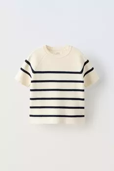 Футболка из рифленой ткани в полоску ZARA, темно-синий/кремовый