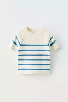 Футболка из рифленой ткани в полоску ZARA, голубой/бежевый