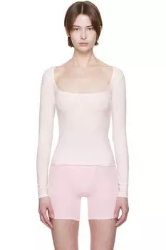 Футболка из розового хлопкового джерси с круглым вырезом и длинными рукавами SKIMS