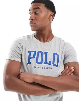 Футболка из шенила с аппликацией логотипа серого меланжевого цвета Polo Ralph Lauren