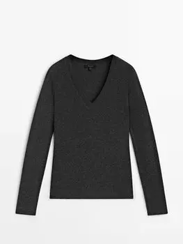 Футболка из смеси хлопка и кашемира с v-образным вырезом Massimo Dutti, серый антрацит