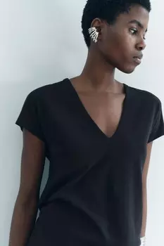 Футболка из смеси льна и хлопка ZARA, черный