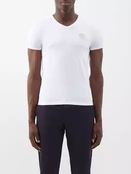 Футболка из смесового хлопка с принтом medusa и v-образным вырезом Versace, белый