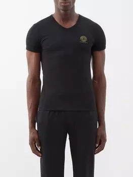 Футболка из смесового хлопка с принтом medusa и v-образным вырезом Versace, черный