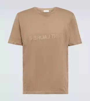 Футболка из смесового хлопкового джерси с логотипом Saint Laurent, бежевый