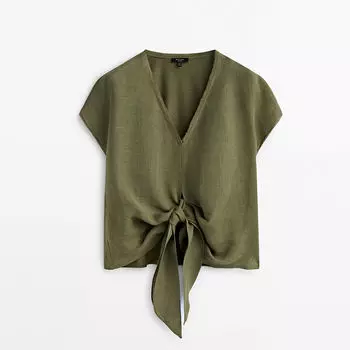 Футболка из смесовой льняной ткани с узлом спереди Massimo Dutti, хаки