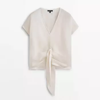 Футболка из смесовой льняной ткани с узлом спереди Massimo Dutti, ванильный