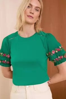 Футболка из трикотажного джерси с вышитыми шортами и рукавами фонариками Love & Roses, зеленый