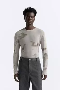 Футболка из тюля с абстрактным принтом ZARA, светло-серый