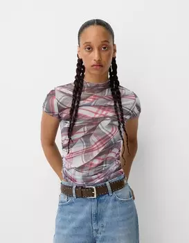 Футболка из тюля с короткими рукавами в клетку beershka x beetlejuice Bershka, серый