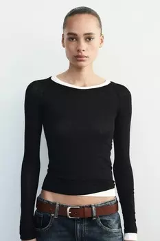 Футболка из вискозы с длинным рукавом ZARA, черный