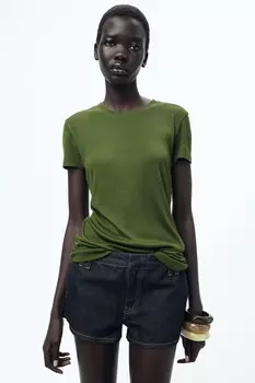 Футболка из вискозы в рубчик ZARA, оливково-зеленый